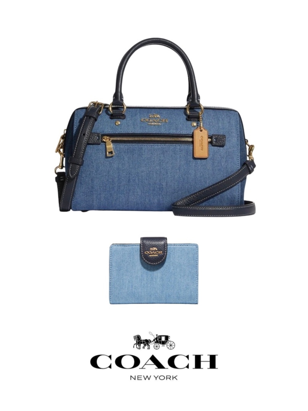 Coach 2021 Denim Rowan Satchel & Denim Medium Corner Zip Wallet Bundle - Rare